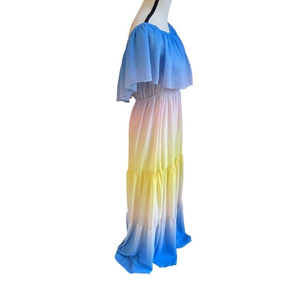 Lillys Kloset Chiffon Multi Blue Yellow Hombre Flowy Beach Maxi Dress Size L - Picture 3 of 6
